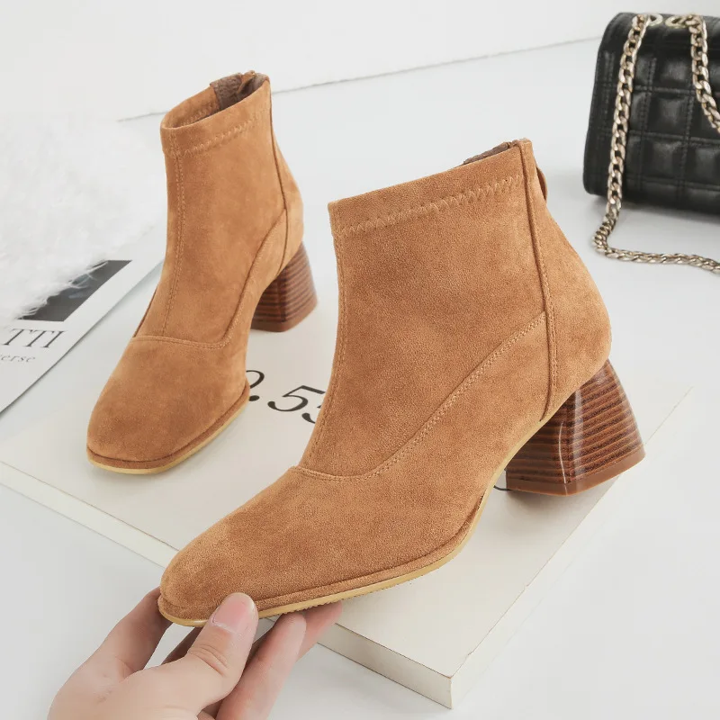 

Autumn and winter new slim high-heeled elastic boots suede square head thick with thin boots wild warm women's booties.