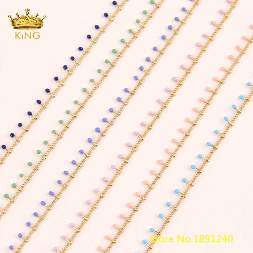 5meters 2mm Enamel Beaded Chains Fine Jewelry,Small Lampwork Glass Beads Plated Gold Rosary Chain Crafts Anklet Findings HX218