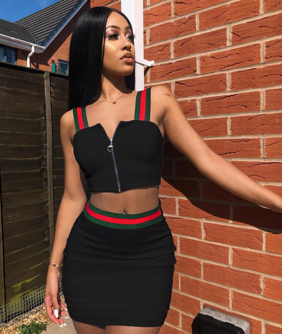 Green and Red Striped 2 Two Piece Set top and Skirts Women Tracksuit 2018 Summer Plus Size Casual Outfit Club Party Dress Women's Sets