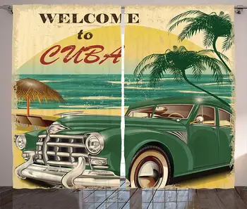 

1950s Curtains Nostalgic Welcome to Cuba Artsy Print Classic Car Beach Ocean Palm Trees Living Room Bedroom 2 Panel Set Cream