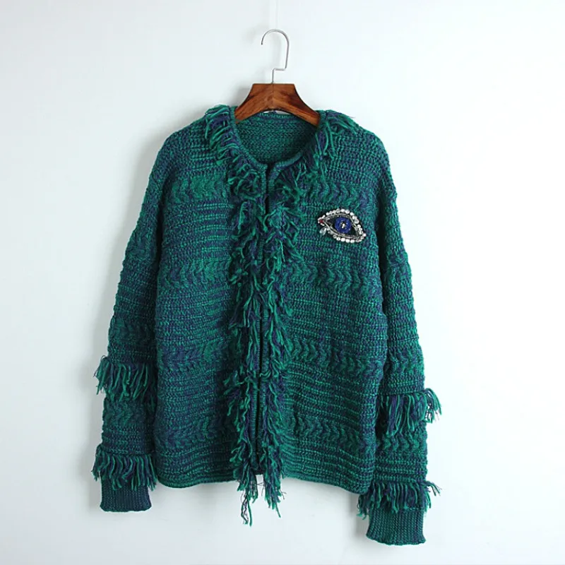 

New Women's Cardigans Diamonds Beading Eyes 2018 Autumn Designer Sweaters Female Tassel Loose Lady's Coats Knitted Clothes Hot