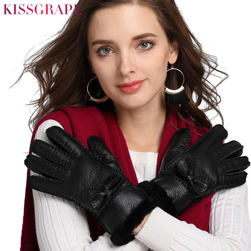 Original Brand Russian Winter Natural Sheep Fur Gloves for Women's Ladies Thicken Wool Fur Gloves Female Outdoor Ski Guantes