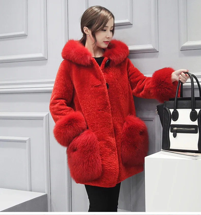 Genuo Winter Luxury Faux Fox Fur Coat Slim Long Faux Fur Jacket Overcoat Women Hooded Fur Pocket Warm Coat Outwear Party Clothes