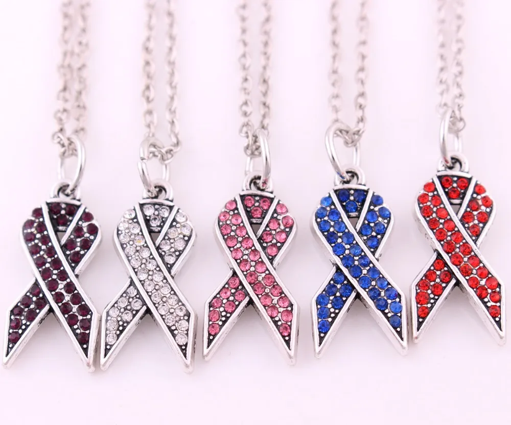 Hot Selling Ribbon Cancer Awareness Enamel Round pendant link chain