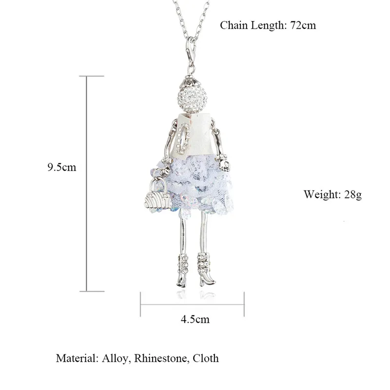 Шикарная кукла, ожерелье с подвеской, женские блестящие, со стразами, серебряная металлическая длинная цепочка, украшенная бисером, сумочка для девушек, модное ювелирное изделие, колье для женщин