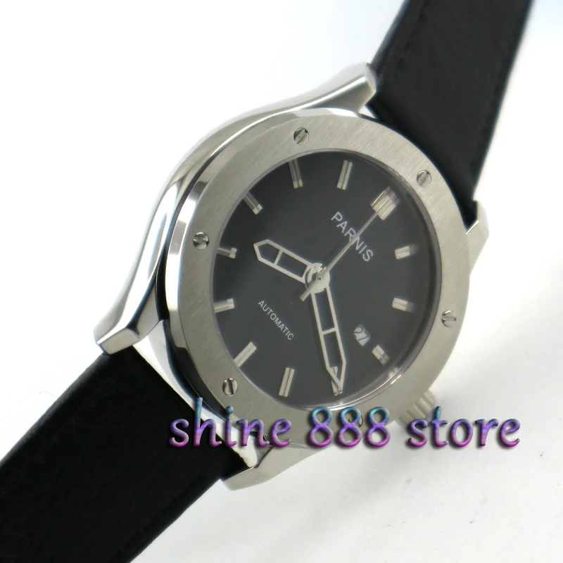 

44mm Casual Watch Men Parnis Black Dial Stainless Steel Case Automatic Watches