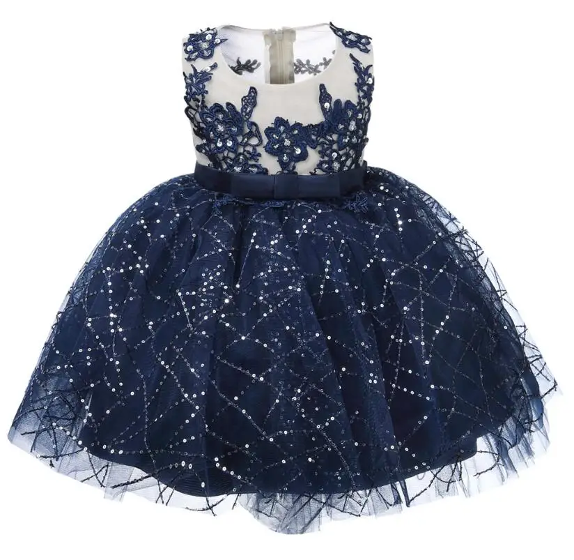Платья для крещения для маленьких девочек голубое Тюлевое платье с аппликацией для маленьких девочек на крестины, вечерние платья для маленьких девочек на 1 год, день рождения - Цвет: Синий
