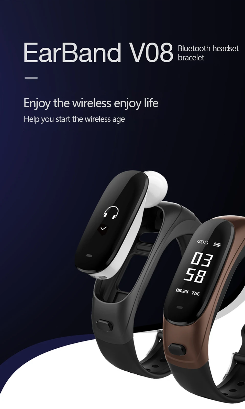 Smart band V08 Smart Watch Bracelet Waterproof Earphone Sensor Fitness Tracker Heart Rate Test  Smart Talk Band For Android ios (3)
