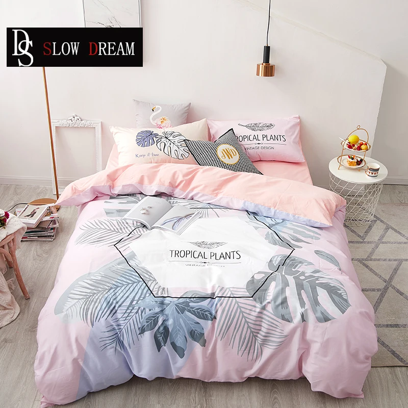 

SLOWDREAM Tropical Plants Bedding Set Bedspread Soft Double Duvet Cover Set Flat Sheet Decor Home Textiles Bedclothes Bed Linens