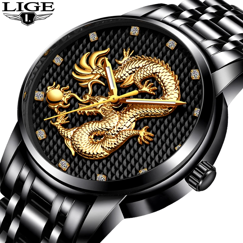 Мужские часы Лидирующий бренд LIGE роскошные золотые Дракон Скульптура кварцевые часы мужские полностью стальные водонепроницаемые наручные часы relogio masculino
