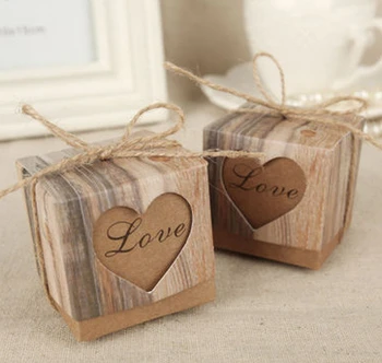 

100pcs Wedding Hearts in Love Rustic Kraft Imitation Bark Candy Box with Burlap Chic Vintage Twine Wedding Favor Gift Boxes