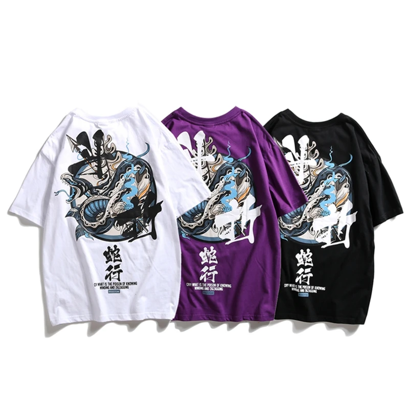Японский дьявол змеиный принт футболки крутой треет модная мужская футболка хлопок Tid хип-хоп свободная футболка с короткими рукавами унисекс