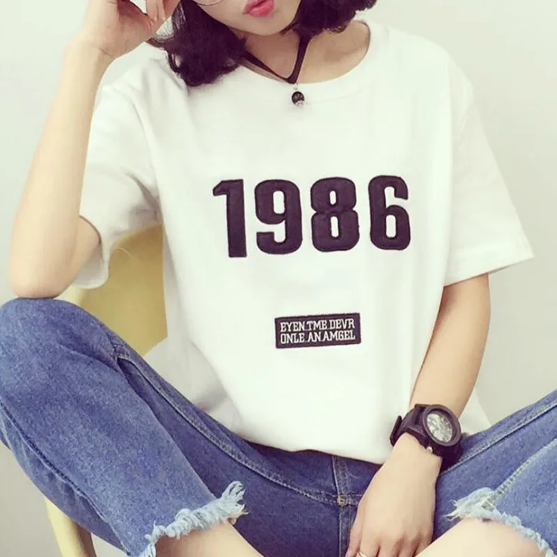 

2017 Summer New Yellow White Black Letters 1986 Cotton Short Sleeve T-shirt Camiseta Mujer Youth Top Tee Summer Clothes M-2XL