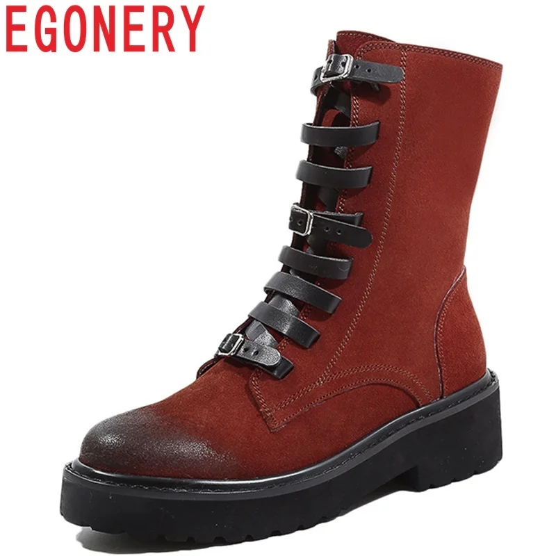 

EGONERY 2019 new fashion concise round toe shoes med square heel platform black and brown zipper winter women mid calf boots