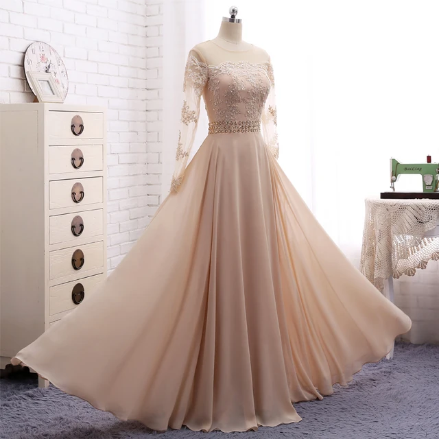 Long Sleeves Muslim Evening Dress Champagne Chiffon Scoop Neck Long Sleeves Muslim Evening Dress Champagne Chiffon Scoop Neck Gowns Liques Beading Prom