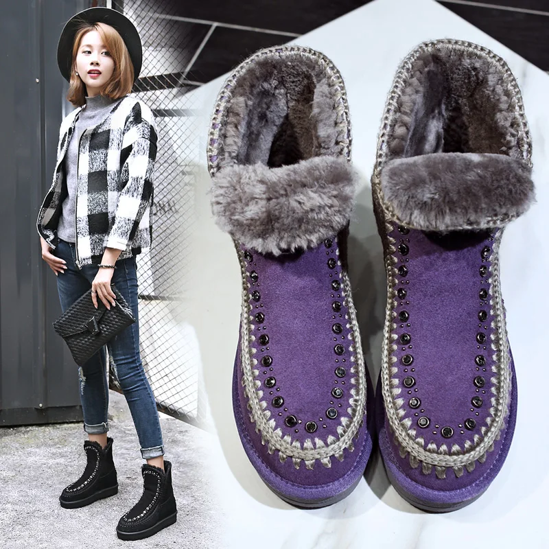 

2018 Female Snow Boots Winter Shearling Women Ankle Rivet Boots Platform Middle Heel Warm Wool Lining Slip On Women Shoes Black