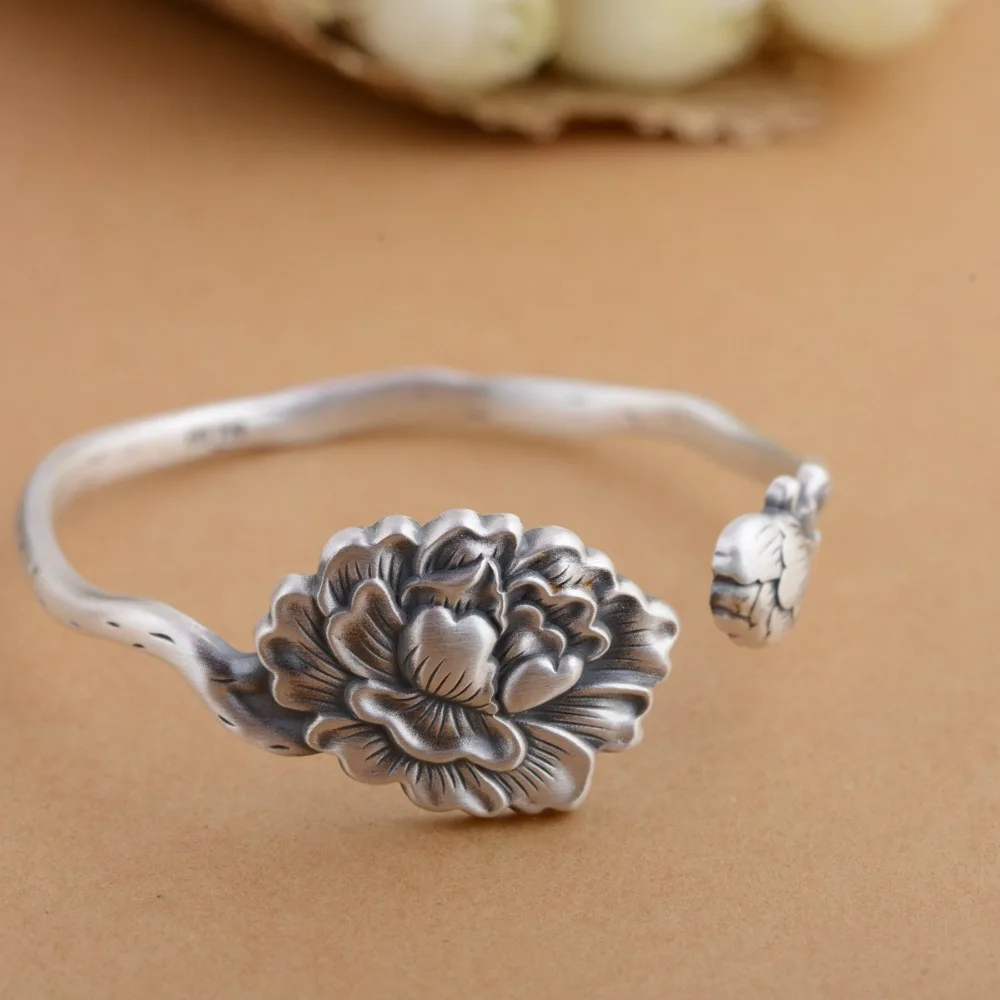 

HFANCYW Dropship Silver Bracelet 990 Sterling Silver Antique Technology Women's Lotus Flowers Roses Peony Lilies Flowers Bangle
