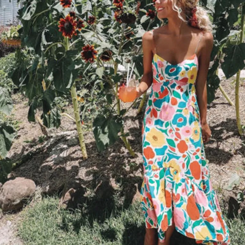 

Women Girls Summer New Fashion Casual Holiday Beach Party Bohemian Long Maxi Dress Sleeveless Strap Floral V-Neck Sundress Hot