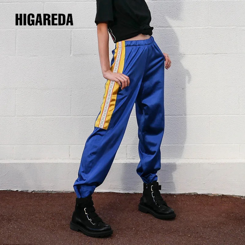 2019 Woven Blue Patchwork Side Striped Long Trousers Women