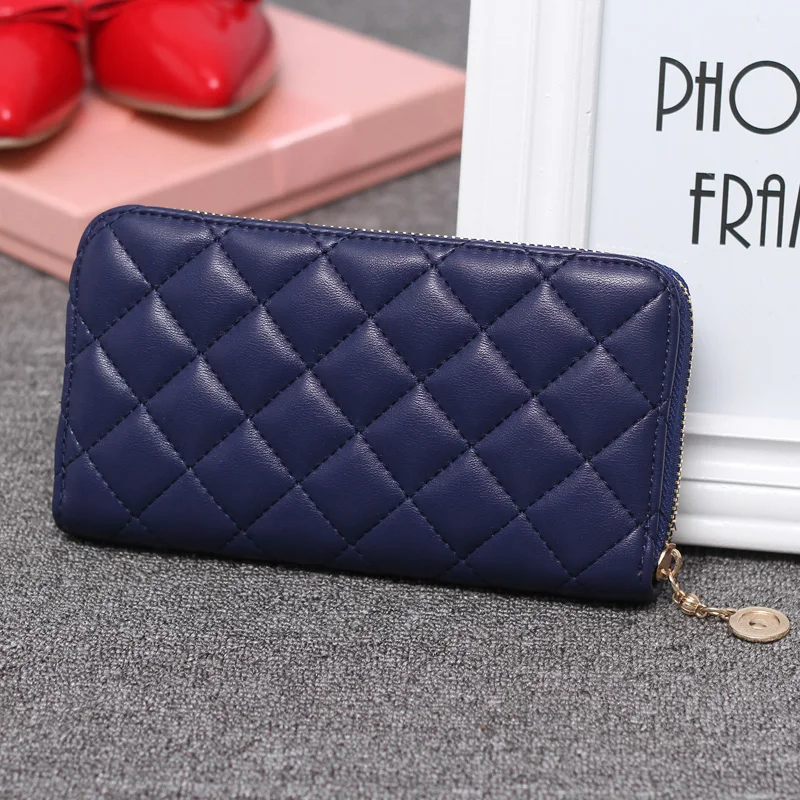 

2018 High Quality New Preppy Style Thread Pattern Design Long Women's Zipper Wallet PU Leather Pouch Clutch Bag STNG Blue