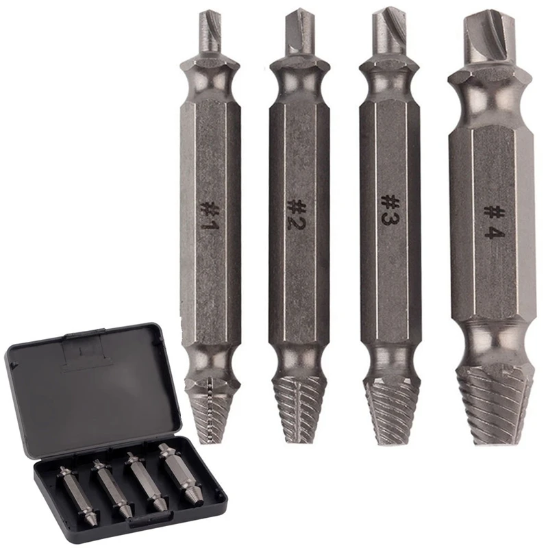 

Double Side Drill Out Damaged Screw Extractor Out Remover Handymen Broken Bolt Stud Removal Tool Kit 4pc #1 #2 #3 #4 With Case