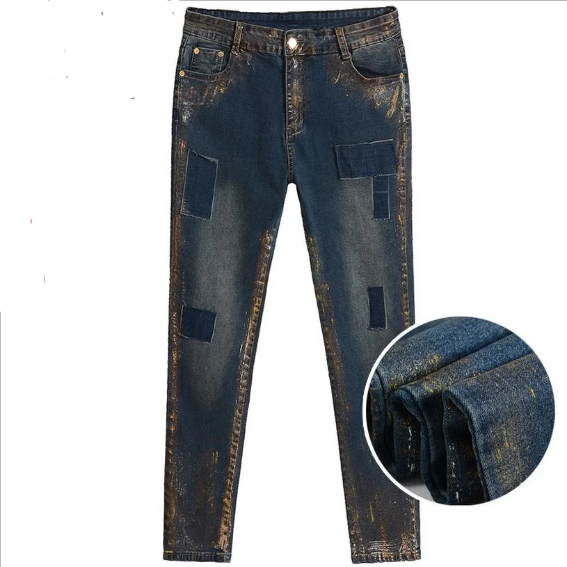 7XL 6XL 5XL large size COTTON jeans 2017 women fatter MM waist Patchwork increase size paint