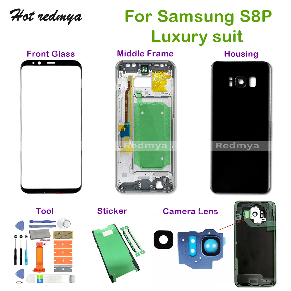 

S8+Middle Frame+Full Back Cover Housing Case+Front Glass+Camera Lens For Samsung Galaxy S8 Plus G955 G955F Complete Parts+Tools