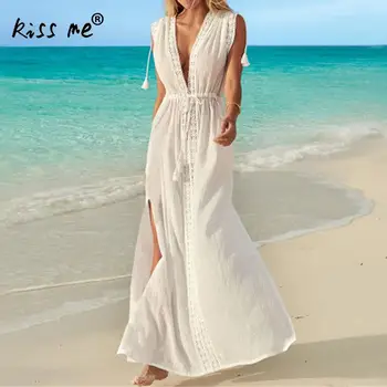 

Beach Long Dress Sleeveless Deep V Beach Maxi Dress Backless Sexy Bikini Cover Up Loose Solid White Holiday Cardigan
