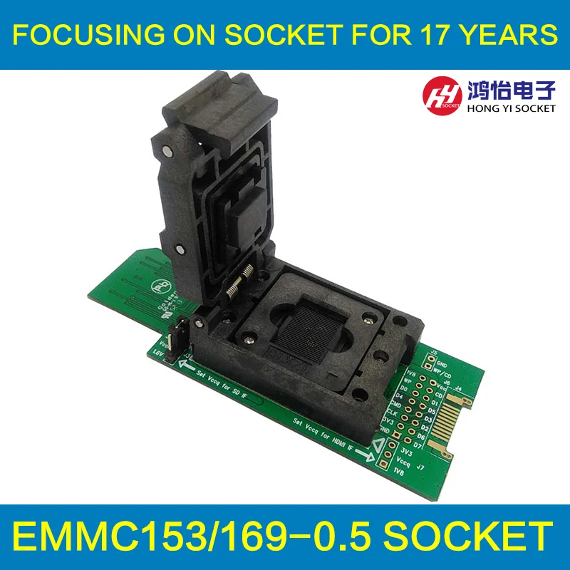 

eMMC test socket with SD Interface, Size12x18mm Pin Pitch 0.5mm HDMI Interface bonding pads Clamshell BGA153/169 Adapter