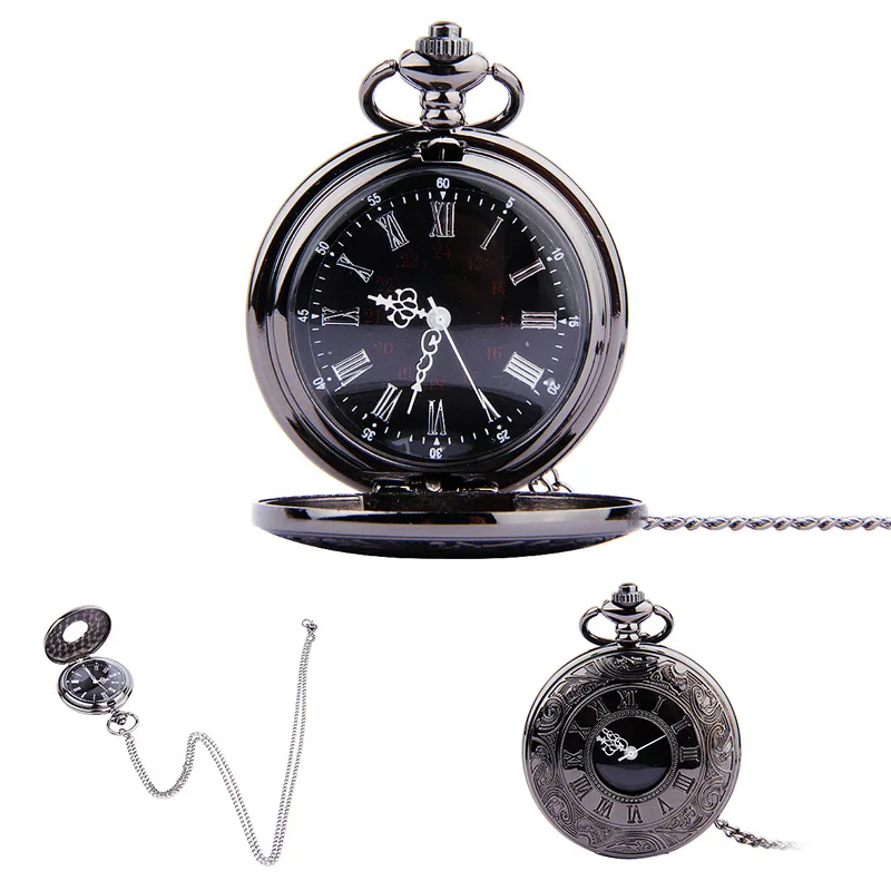 Карманные часы Fob, винтажные римские цифры, кварцевые часы с цепочкой, антикварные ювелирные изделия, кулон, ожерелье, подарки, Relogio Masculino - Цвет: Черный