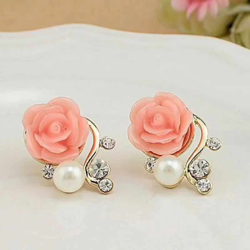 

Pink White Rose Flower Stud Earrings For Women Imitation Pearl Crystal Earring Earings Jewelry Earing Brincos Brinco Wholesale