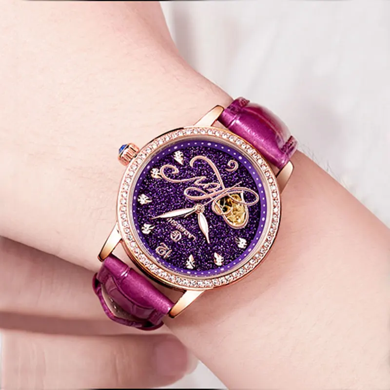 Новое звездное небо Алмазный женские часы люксовый бренд автоматические механические Женские часы Стразы фиолетовый Скелет наручные часы