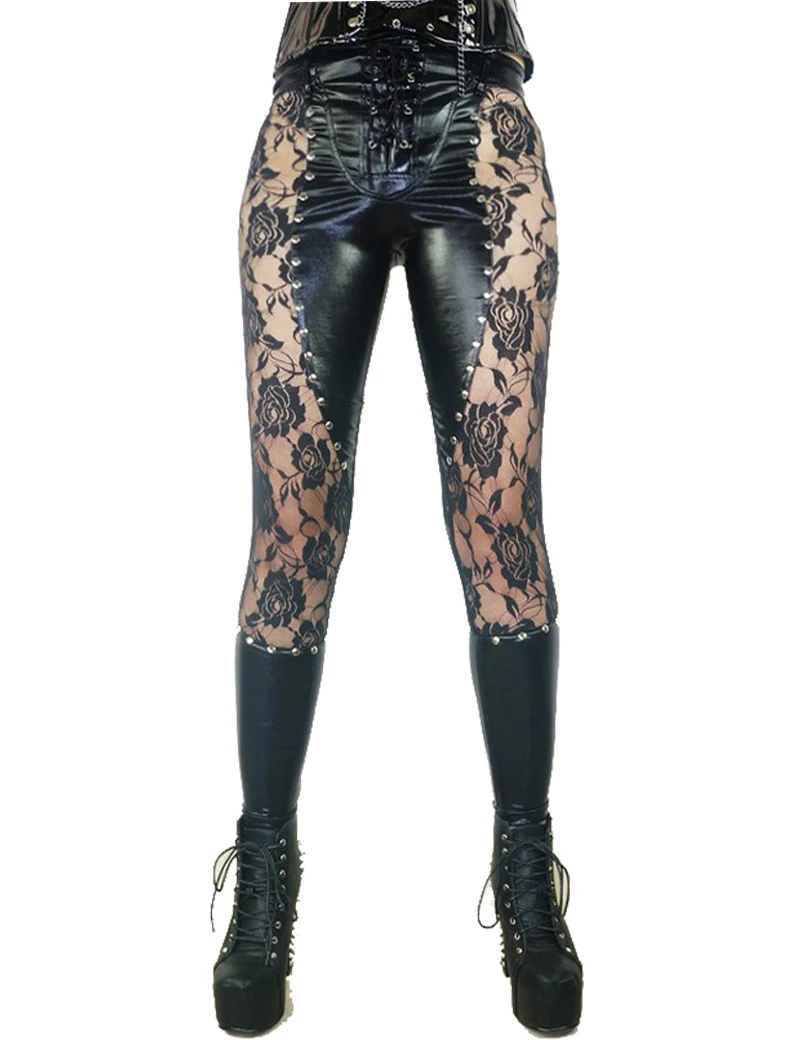 Exclusive Faux Leather Women Leggings Black Floral Lace Patchwork