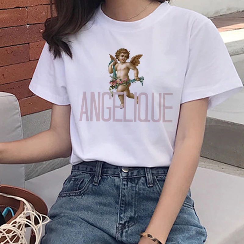 Harajuku Angel Kawaii Футболка женская Ullzang симпатичная Детская футболка с ангелами 90s