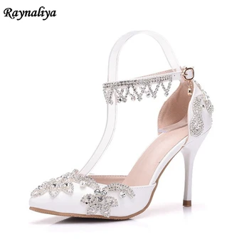

New Fashion Crystal Sandals Pumps Shoes Women Sweet Luxury Female Bride Shoes Ankle Strap Lady Wedding Shoes High Heels XY-A0081