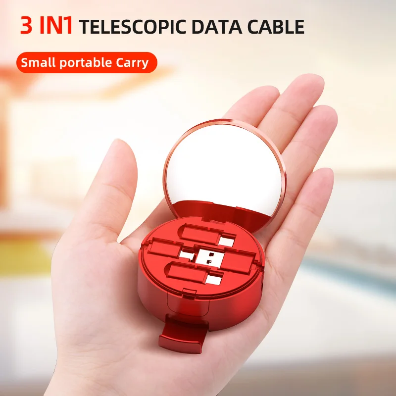 

3 In 1 Micro Usb Type C Retractable Cable for IPhone X 8 7 6 6s plus Hidden Makeup Mirror Phone Holder For Samsung Galaxy S8 S9