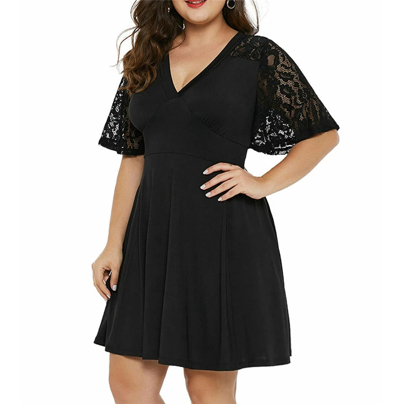 

Womail Women's Dresses 2019 New Fashion Large Size Solid Color V-neck Short-sleeved Lace Dress Daliy Dress Dropship Apr18