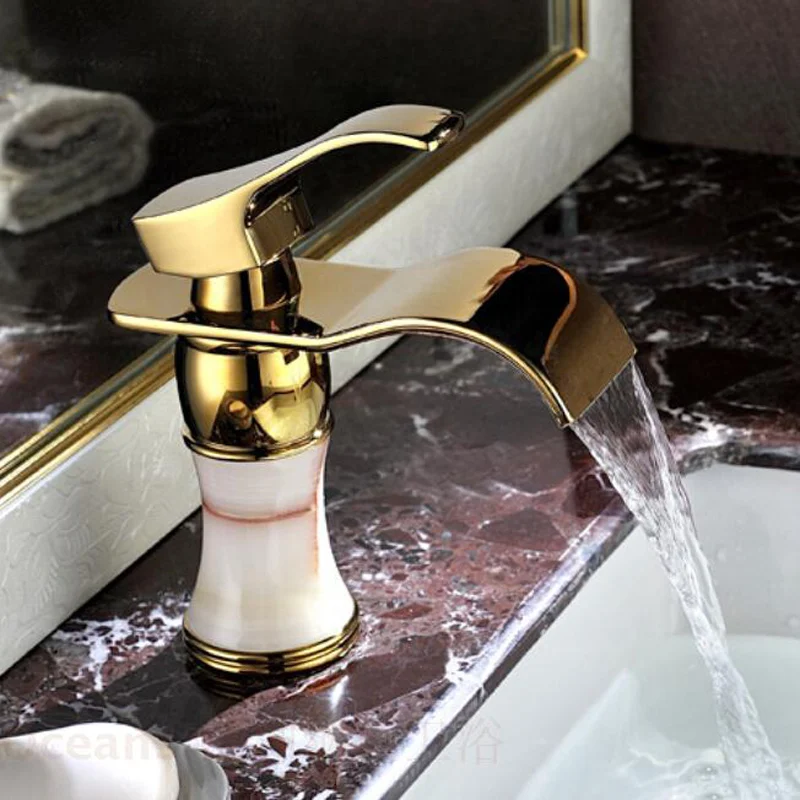 

European antique marble gold-plated copper waterfall faucet hot and cold all-natural jade basin taps four plating coating
