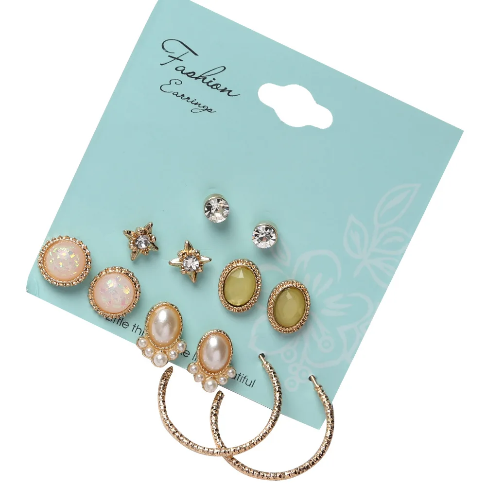 

Simple Fashion Earrings Nail Ring Set Geometric Inlaid Ear Nail Personality Lady Ear Ornaments