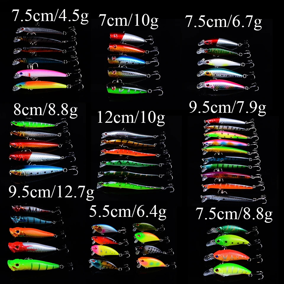 

54pcs fishing lure set Mixed models fishing bait 54 colors plastic hard bait fishing tackle pesca minnow fishing wobbler