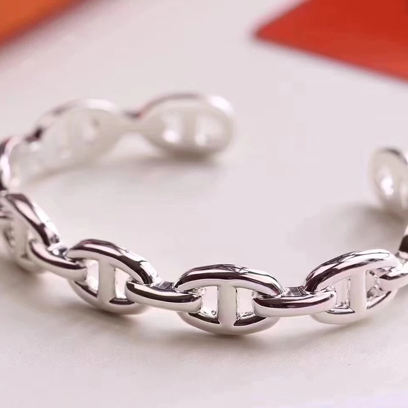 

Hot Brand Pure 925 Sterling Silver Jewelry For Women Men Letter Round H Lock Jewelry Silver Bangle Ring Set France Quality