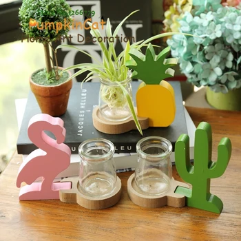 

INS style wood+glass creative flamingos/cactus/pineapple vase ornaments,green plants DIY water culture glass bottles/storage pen
