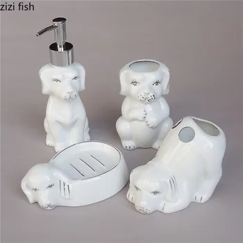 

4pcs/set Puppy Shape Ceramics Bathroom Accessories Set Soap Dispenser/Toothbrush Holder/Tumbler/Soap Dish Bathroom Products