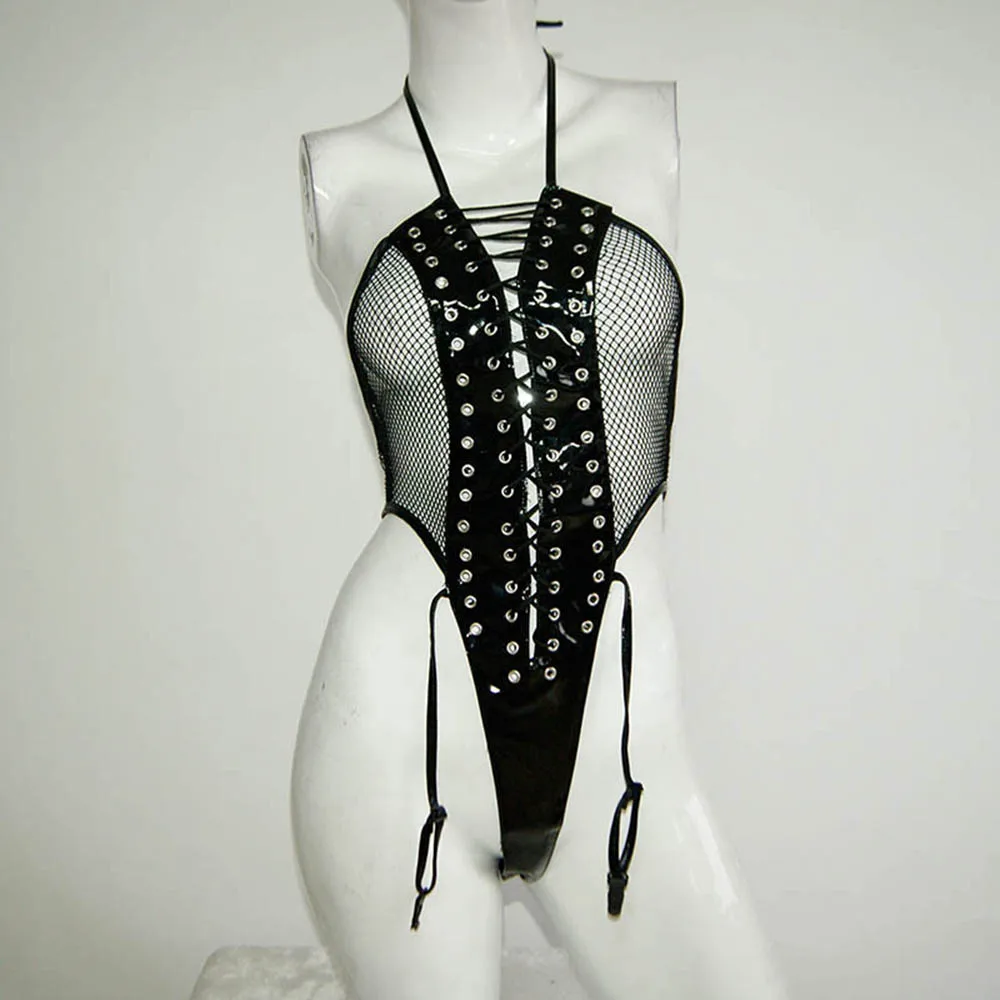 Women Sexy Lingerie Bodysuit Erotic Gothic Black Vinyl Teddy Halter Fishnet See Through Lingerie Novelty Exotic Wetlook Catsuit