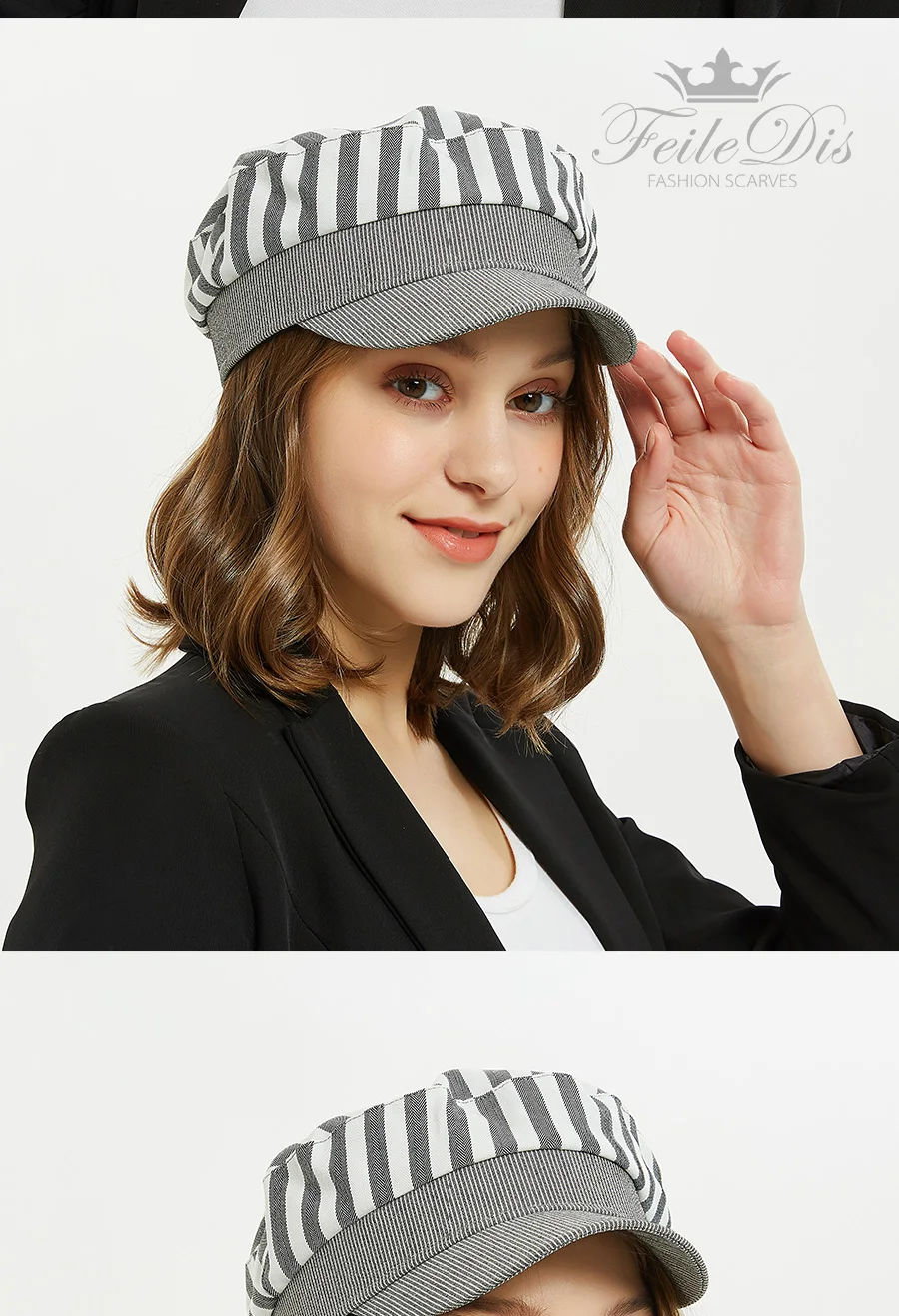 [FEILEDIS] серый полосатый Военные cap Модные Шапки для Для женщин кепки с плоским козырьком армии Salior военная шляпа LR-01