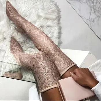 

Newest Women Pink Floral Lace Pointy Toe Stiletto Over The Knee Boots Ladies Sexy Thigh Boots Fashion High Heel Long Boots