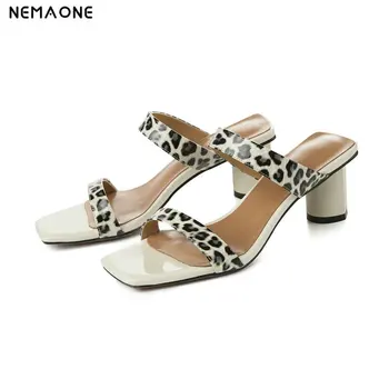 

NEMAONE Women leopard High Heels shoes woman slippers Sexy Genuine Leather Buckles Summer Shoes Woman Fashion Females sandals