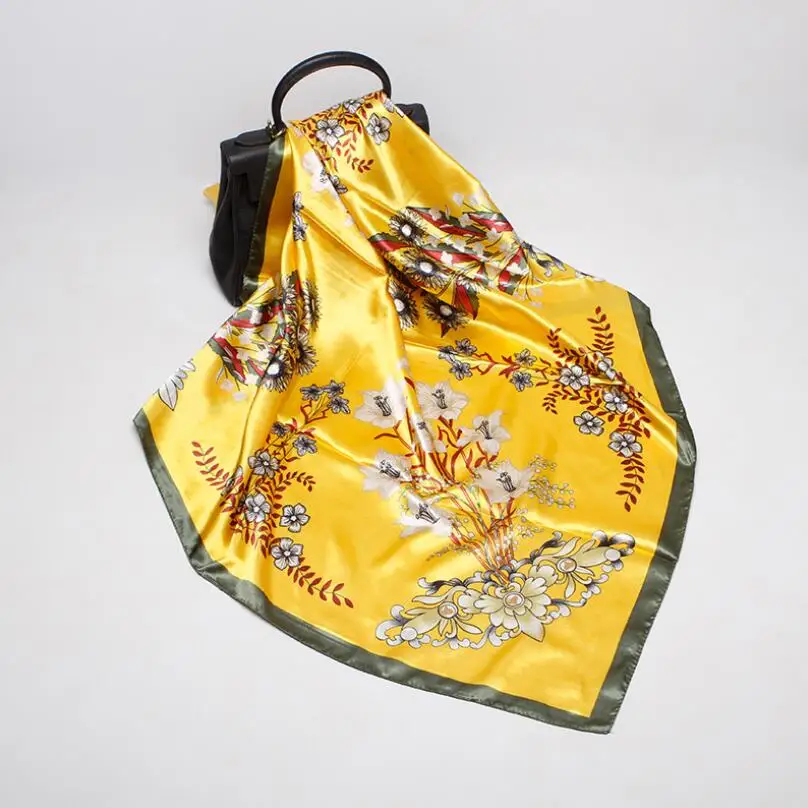 

Women Luxury Brand Flower Print Square Silk Scarfs Head Wraps ladies Hijab Scarves headkerchief 90*90cm