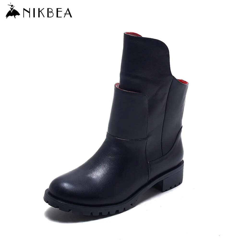 Nikbea Women Boots 2016 Winter Shoes Large Size Punk Ankle Boots Ladies Black Botines Mujer Brand Leather Bottes Hiver Femmes