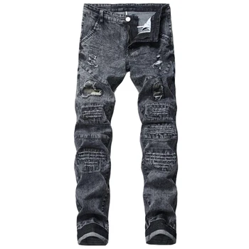 

new jeans men's quality brand casual hole patch elastic men's jeans straight men's trousers Male Denim Pants